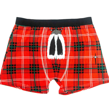 Red tartan boxer shorts featuring traditional kilt sporran.