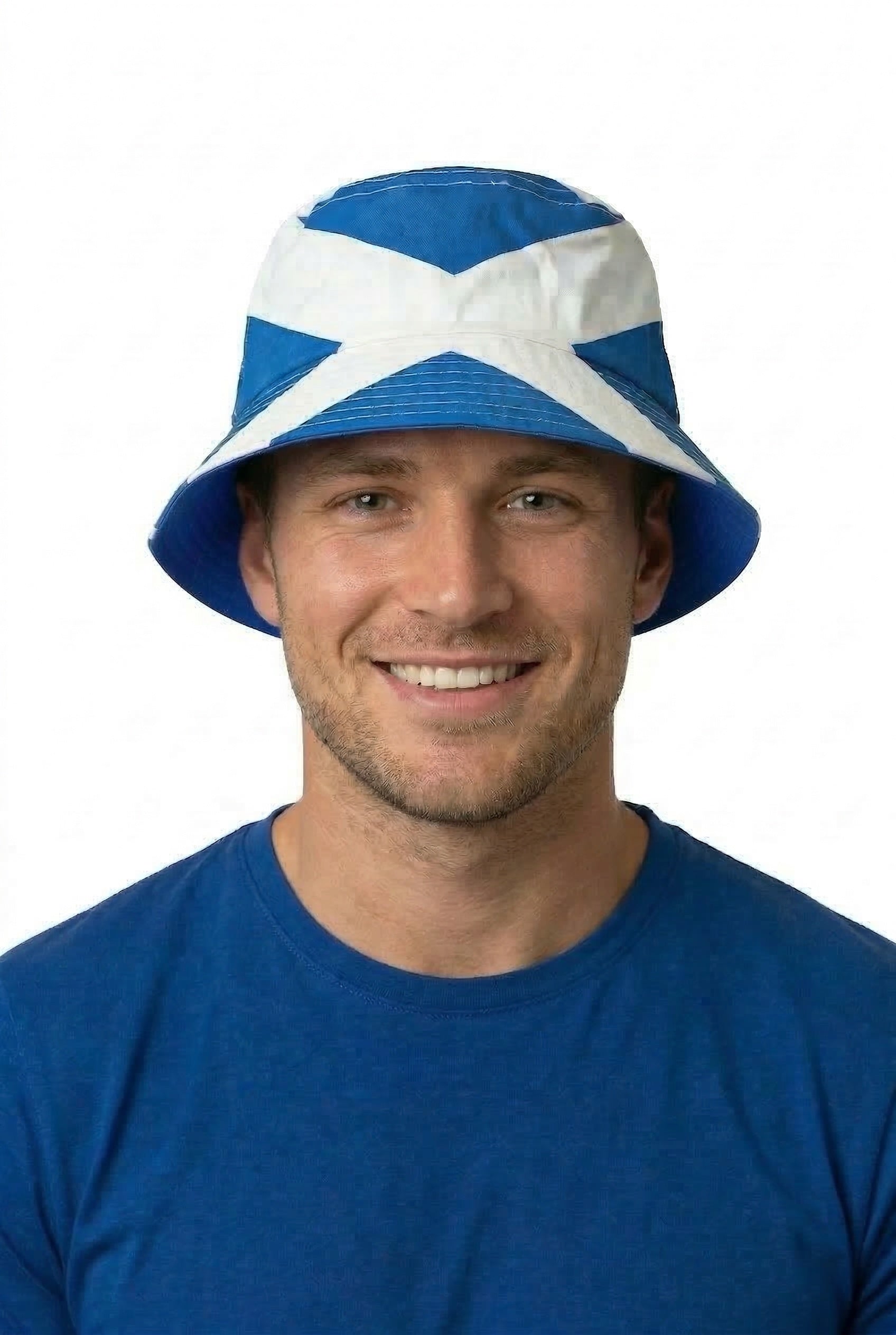 Man wearing a blue and white bucket hat with scotland flag design