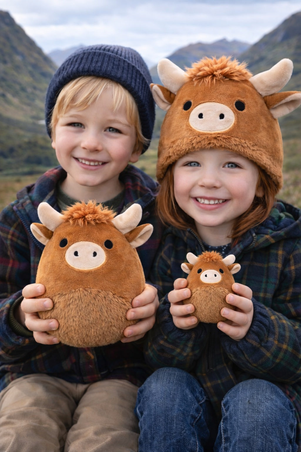 Two children wearing hats and holding plush Highland Cow soft toys in a mountainous landscape.