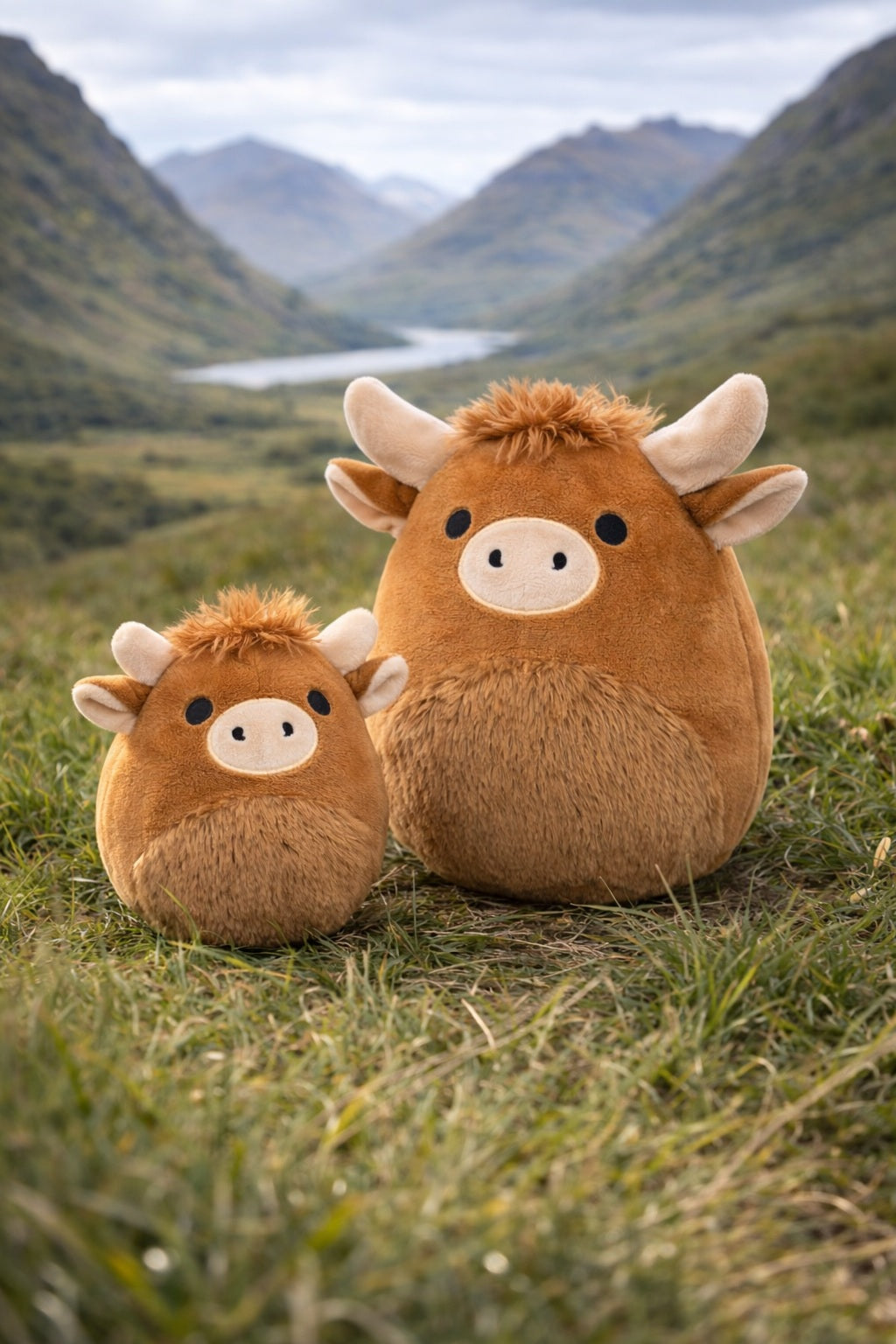 Two plush Highland Cow soft toys in a scenic landscape with mountains and a lake.