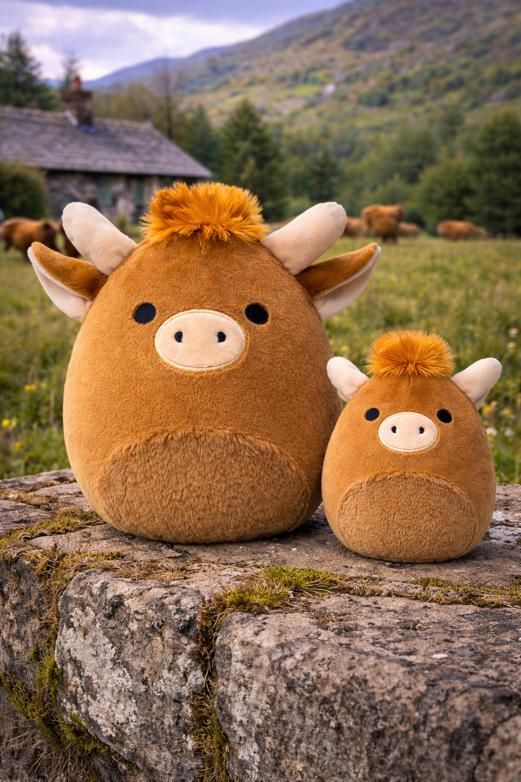 Two plush Highland cow soft toys on a stone wall with a scenic background of mountains and fields.