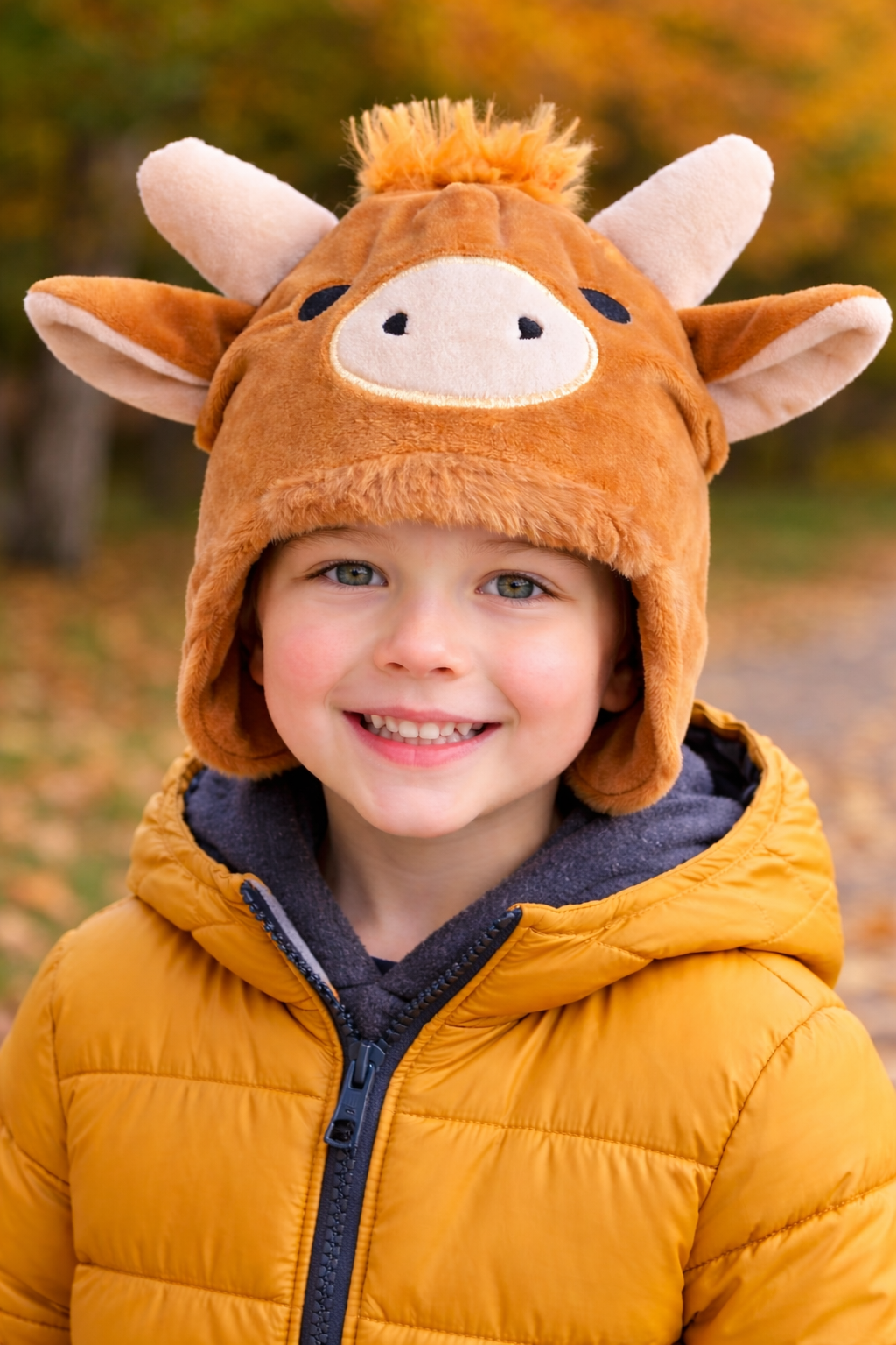 Child wearing a brown Highland Cow themed hat with horns and a yellow jacket outdoors.