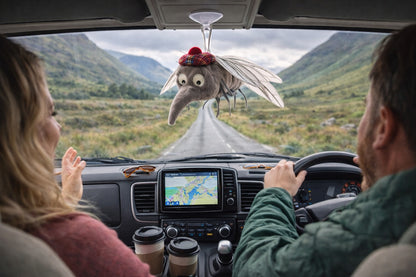 Two people in a car with a midgie plush toy fly hanging in car.