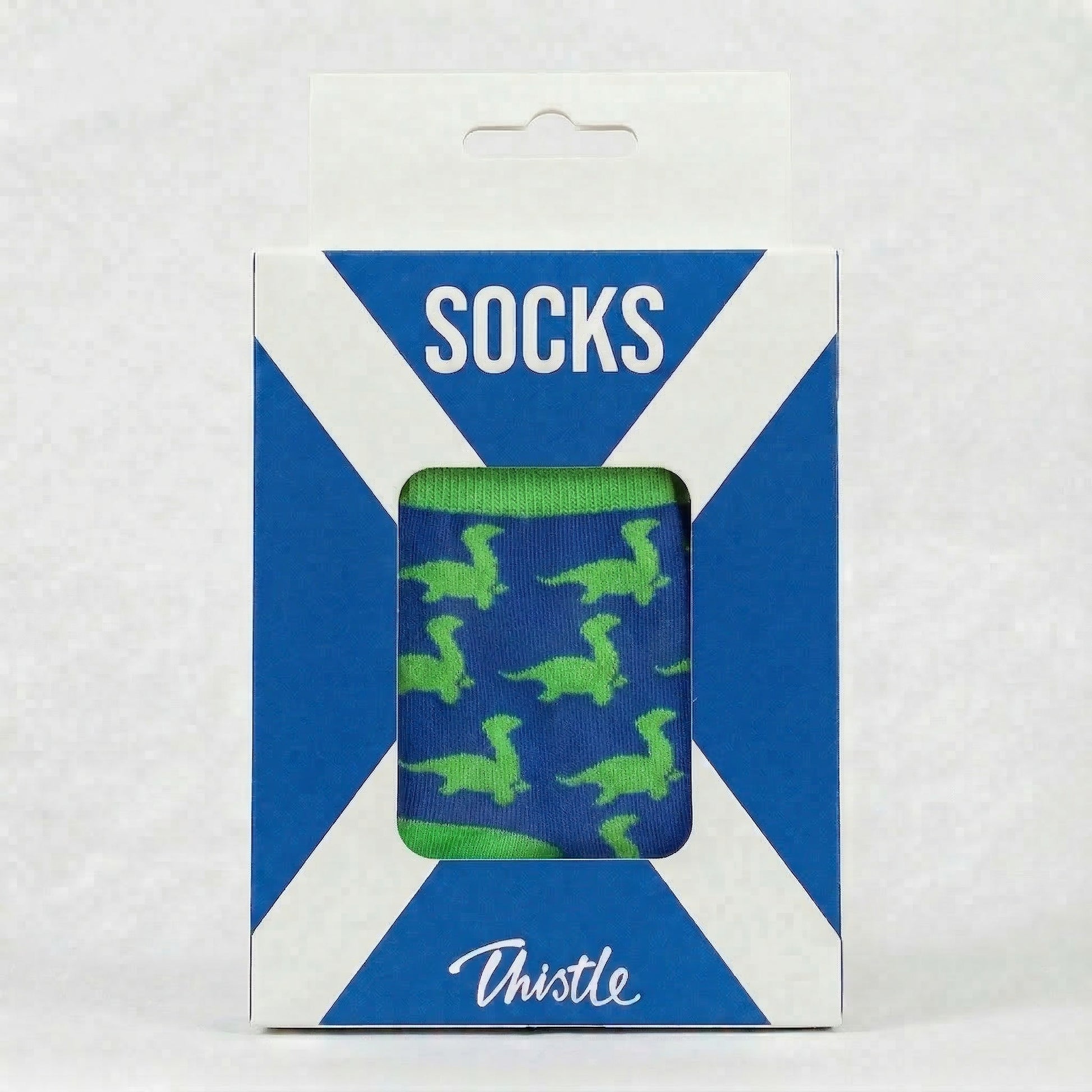 Packaged socks with green pattern on a blue background