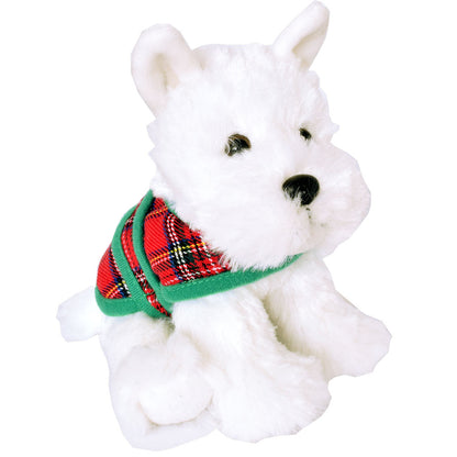 Westie dog plush soft toy wearing a red tartan sweater with green trim on a white background.