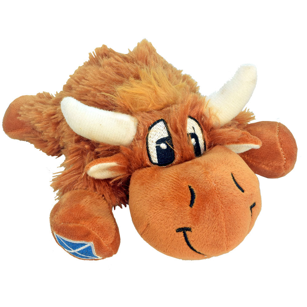 Plush toy resembling a Highland cow with Scottish flag on a white background.