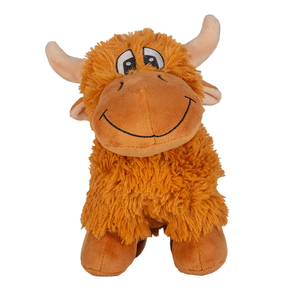 Plush toy resembling a brown yak on a white background