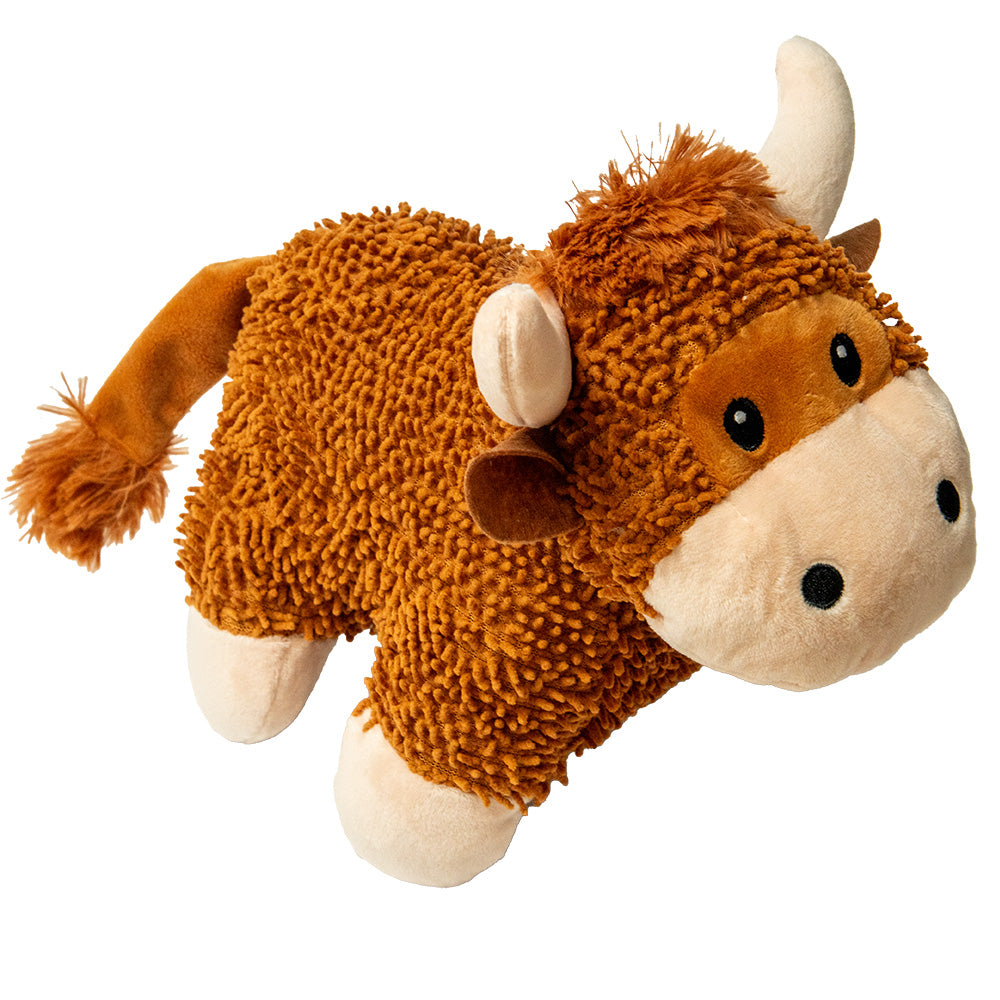 Plush Highland Cow soft toy with brown fur and white horns on a white background