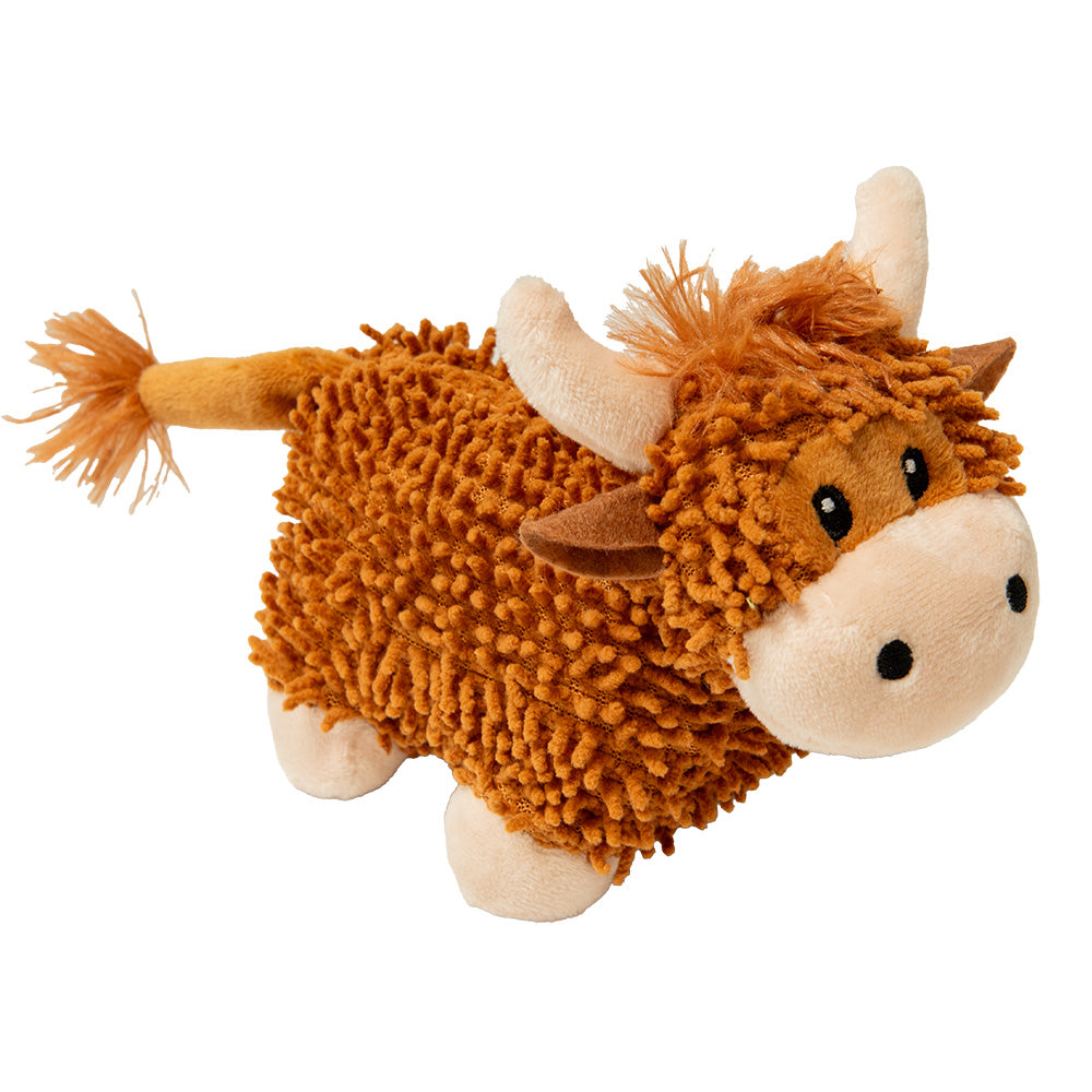 Plush highland cow toy resembling on a white background.