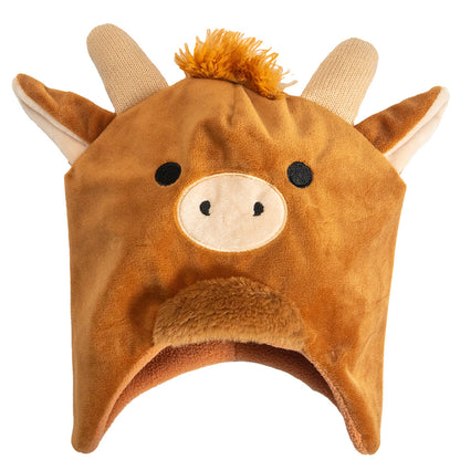 Brown Highland Cow themed hat with face design on a white background