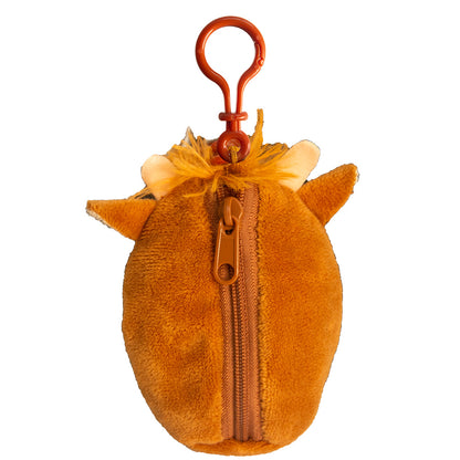Orange plush pouch with a zipper and clip on a white background