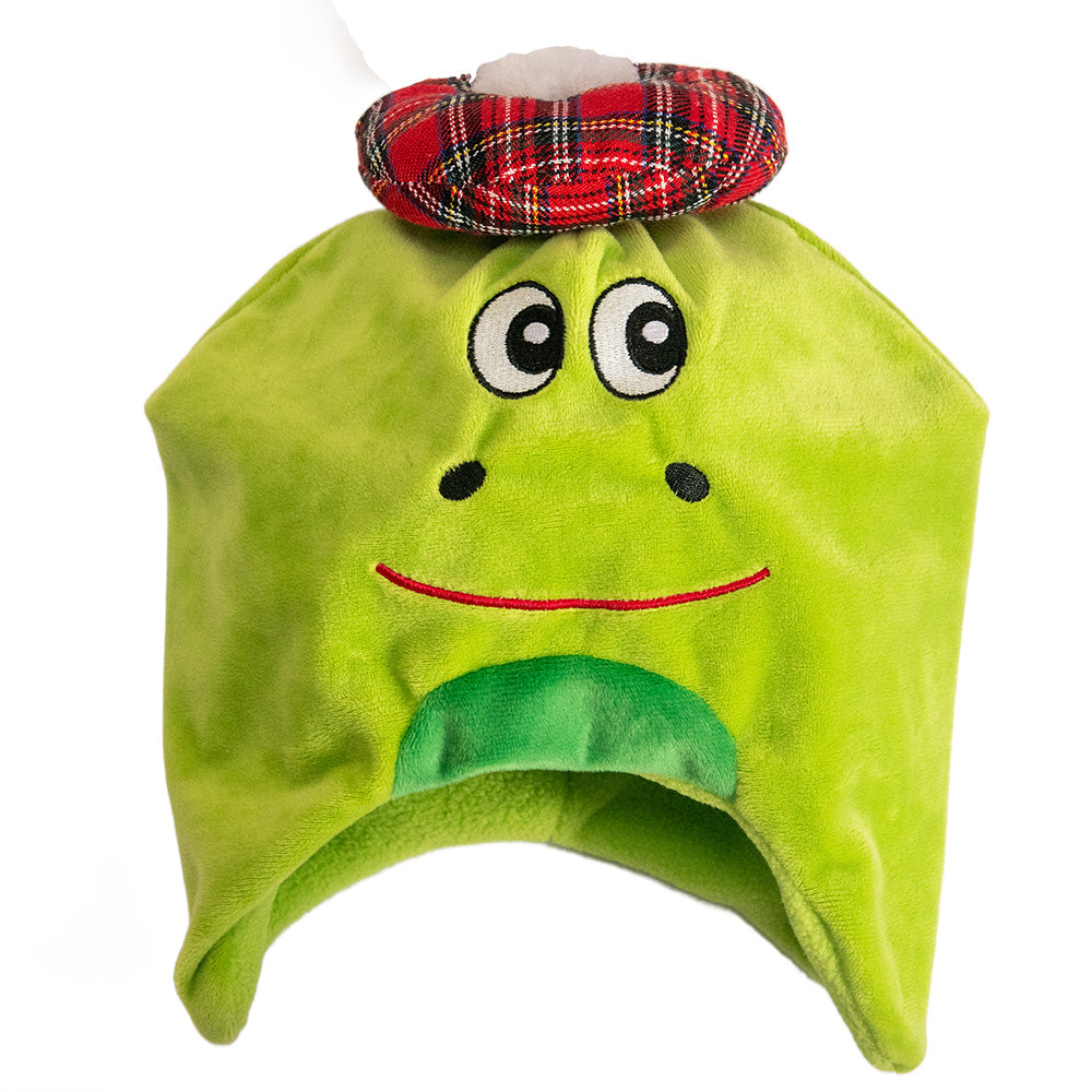 Green nessie hat with a tartan hat on top against a white background