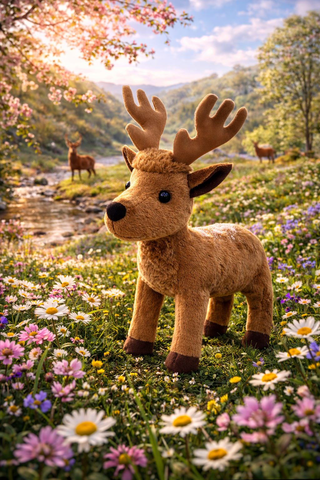 Plush stag toy in a natural setting with flowers and mountains