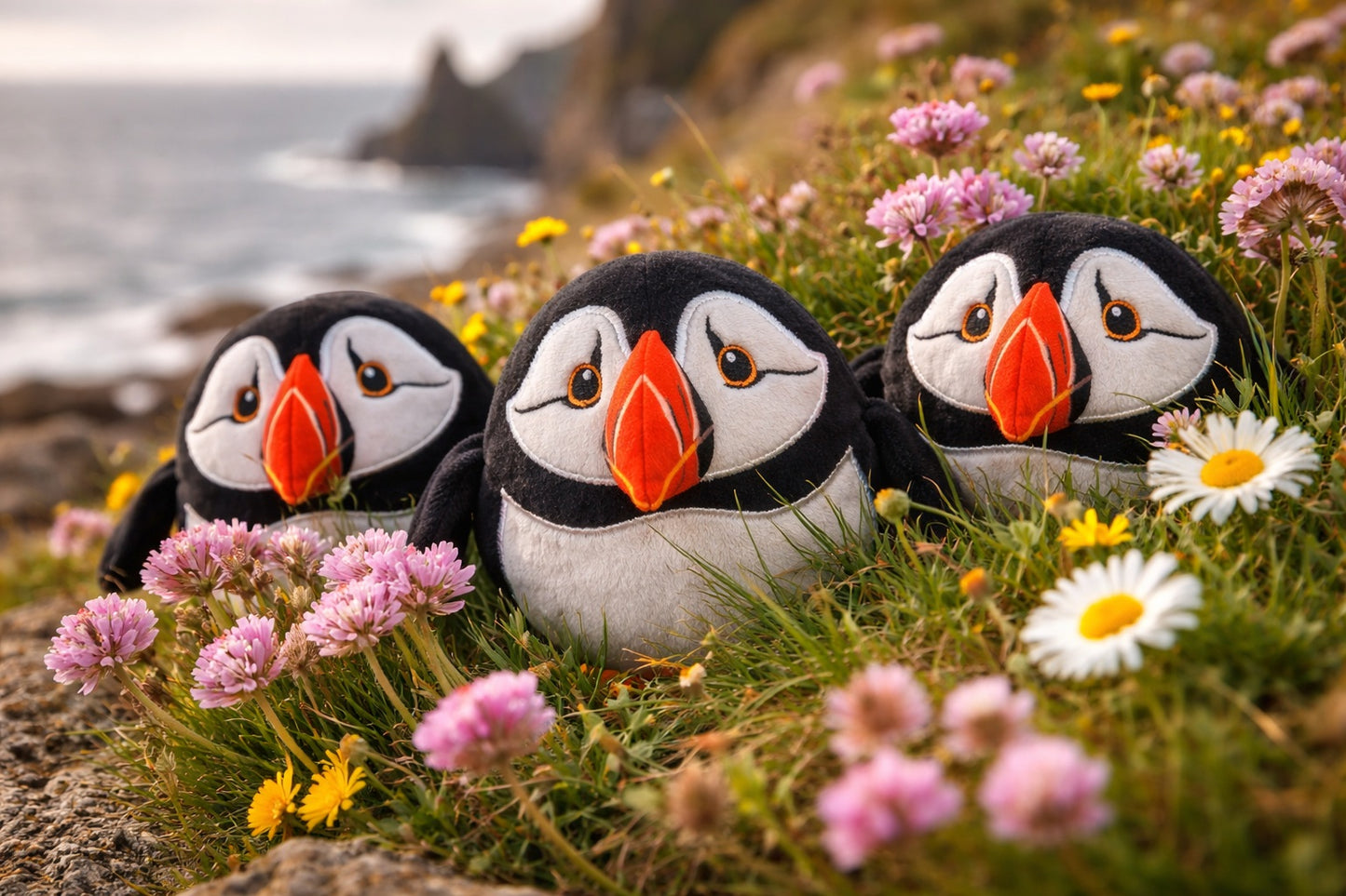 Three plush puffin soft toys sitting among flowers on a coastal landscape.
