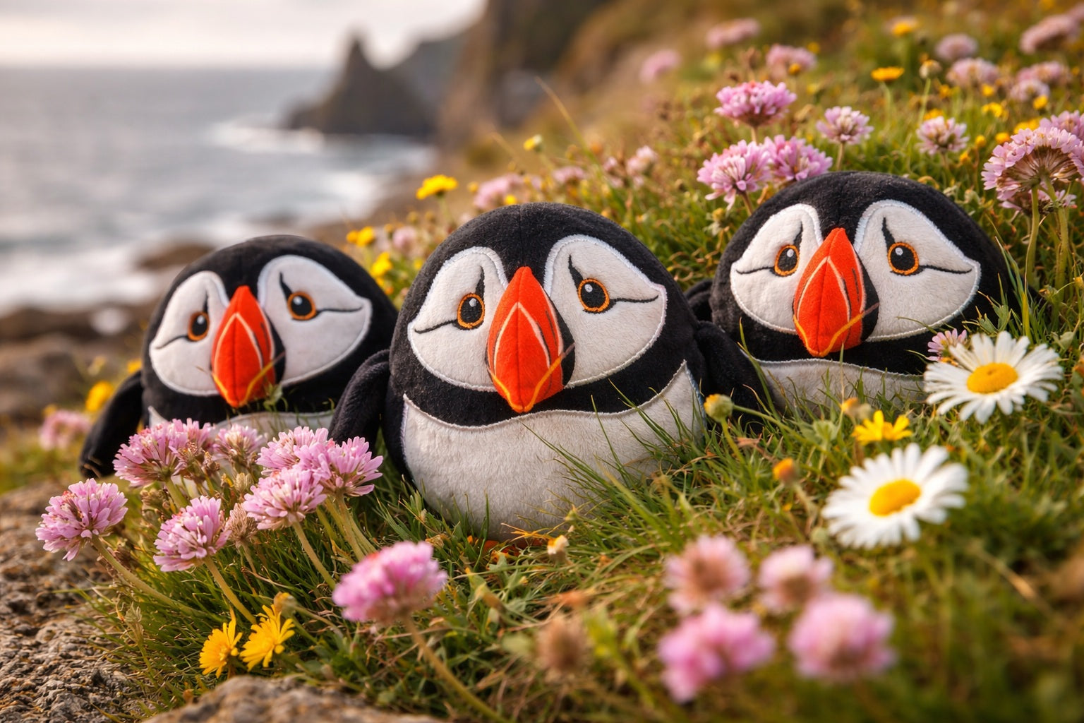 Three plush puffin soft toys sitting among flowers on a coastal landscape.