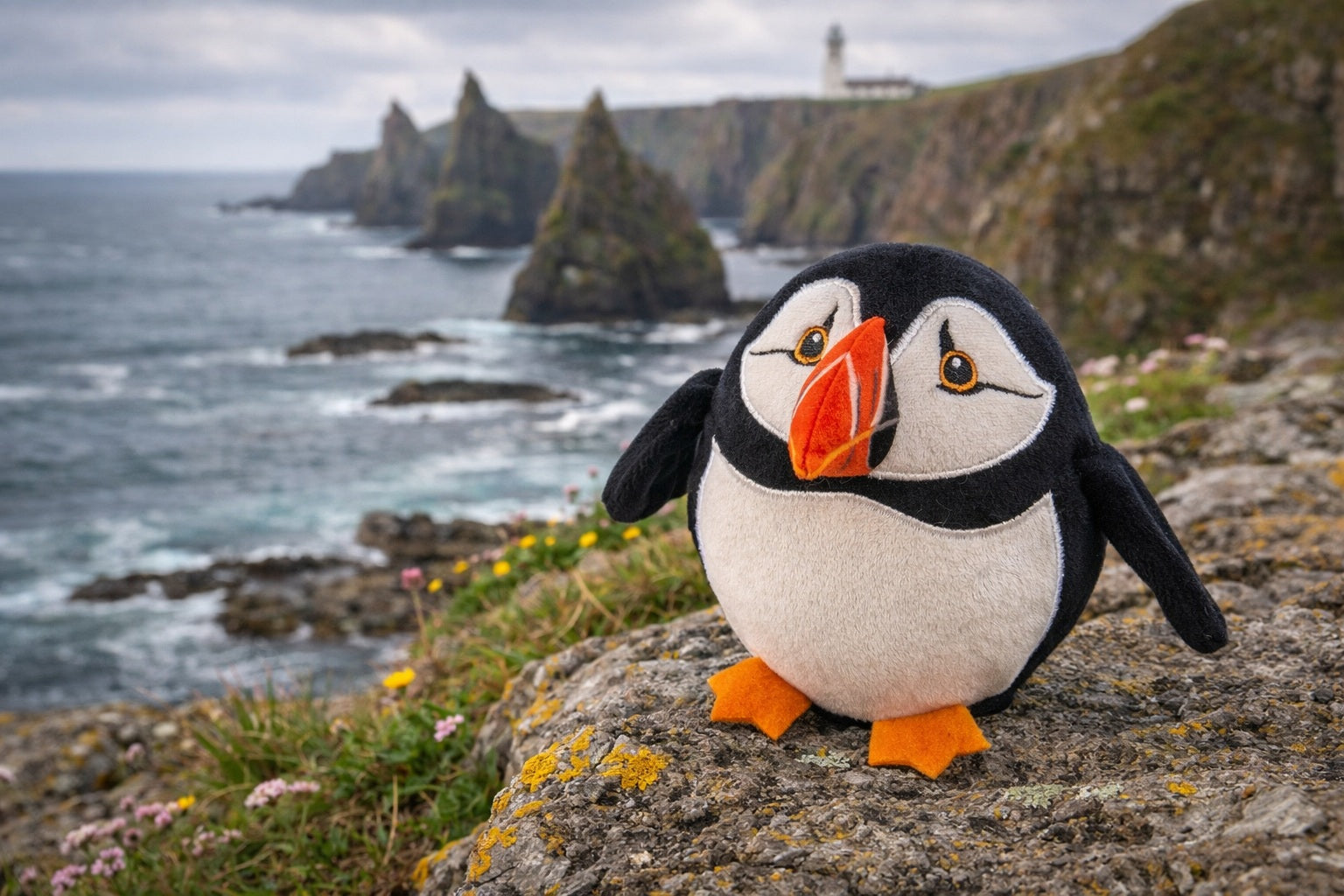 Plush penguin soft toy on a rocky cliff with ocean and lighthouse in the background.