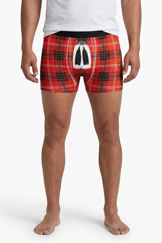 Man wearing red tartan boxer shorts