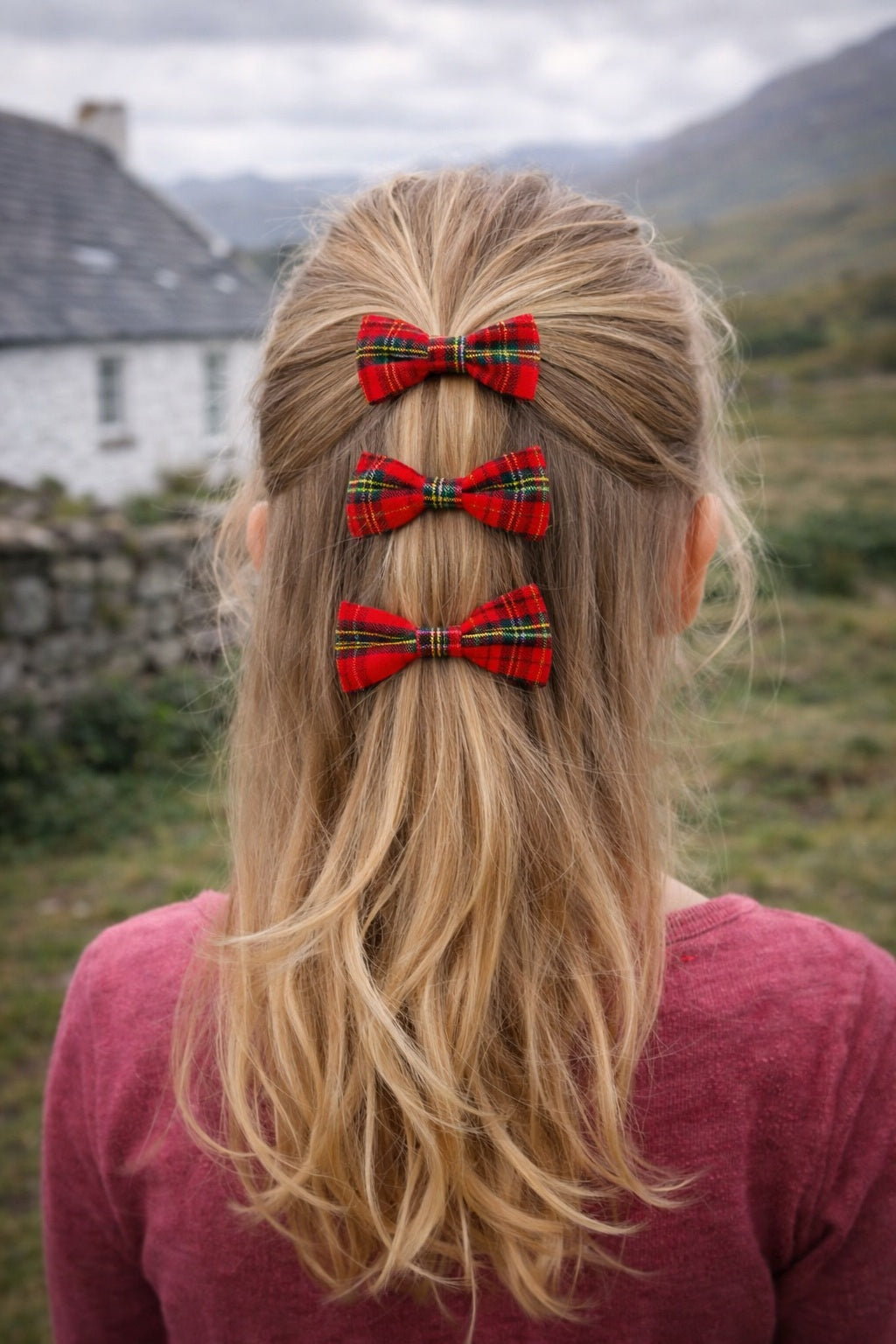 Red Tartan Bow Hairclips x 4