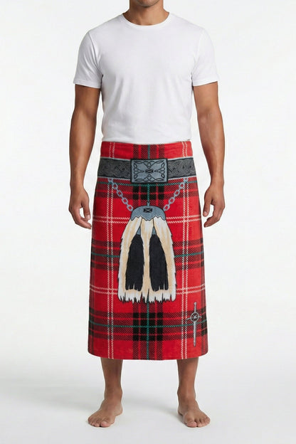 Person wearing a red tartan kilt towel on a white background.