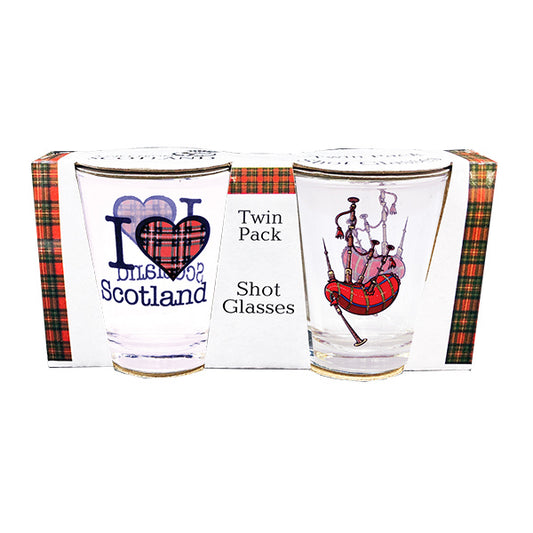 Twin Pack Shotglass - Bagpipe + I Love Scotland