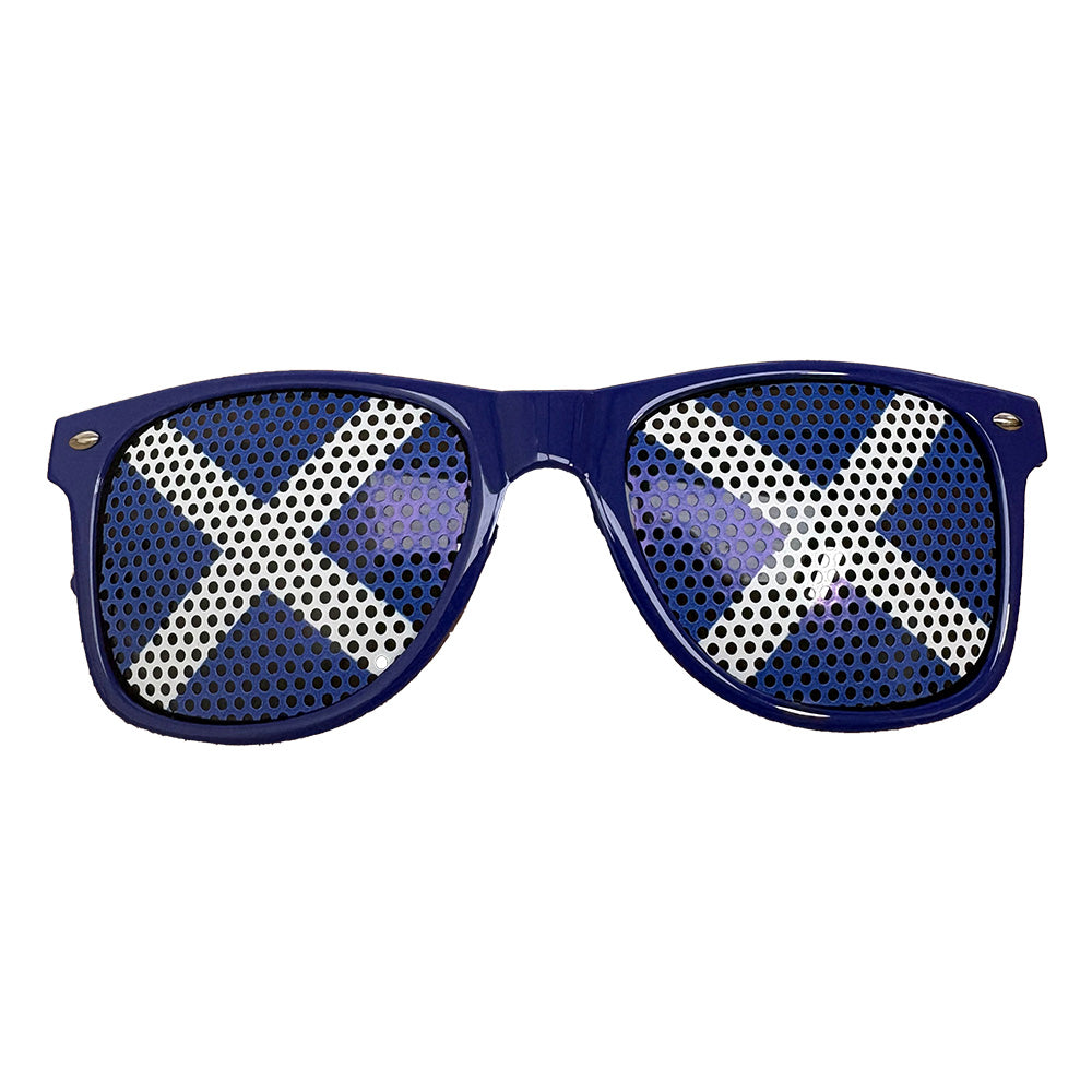 Sunglasses with blue frames and Scotland flag on mesh lenses on a white background.