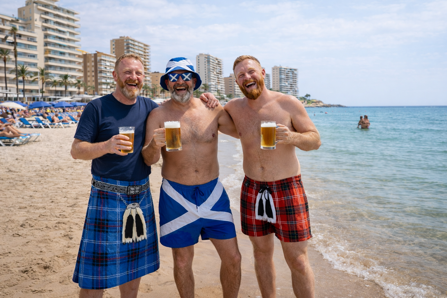 Three men on a beach holding beers, with one wearing a kilt and another in swim shorts with a saltire design.