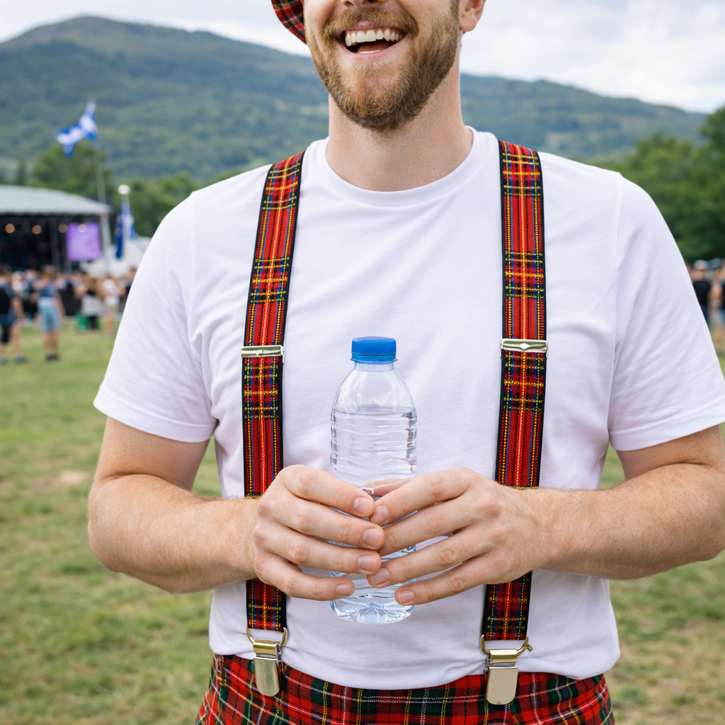 Man wearing tartan braces and holding a water bottle outdoors with mountains in the background.
