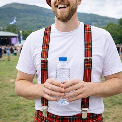 Man wearing tartan braces and holding a water bottle outdoors with mountains in the background.