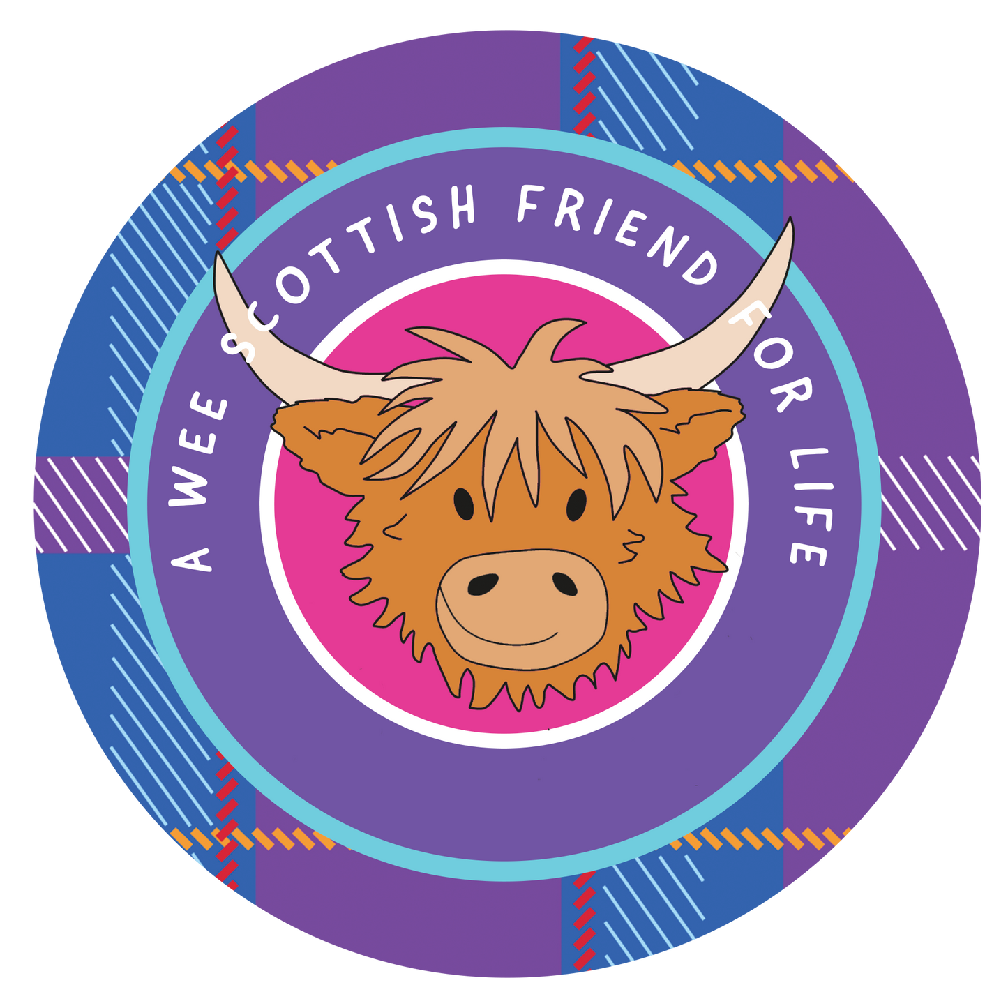 Circular design with a highland cow illustration and text on a purple background