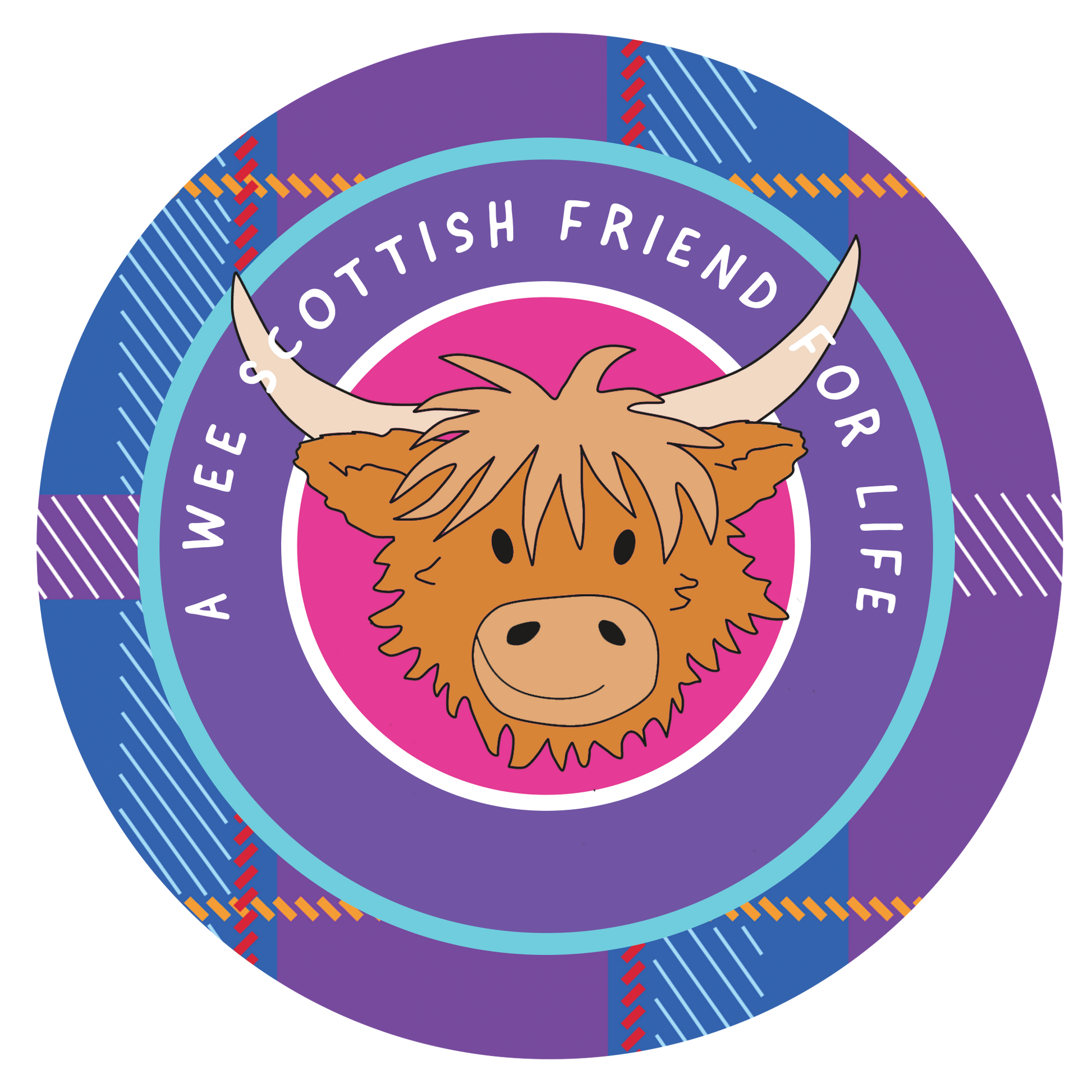 Circular design with a highland cow illustration and text on a purple background