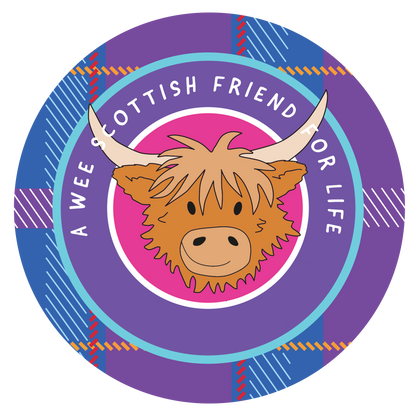 Circular design with a highland cow illustration and text on a purple background