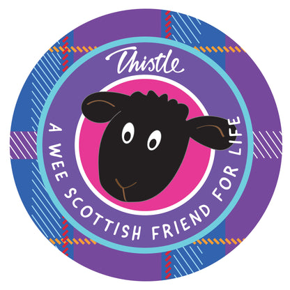 Circular logo with a cartoon sheep and text 'Thistle, A Wee Scottish Friend for Life' on a blue background.