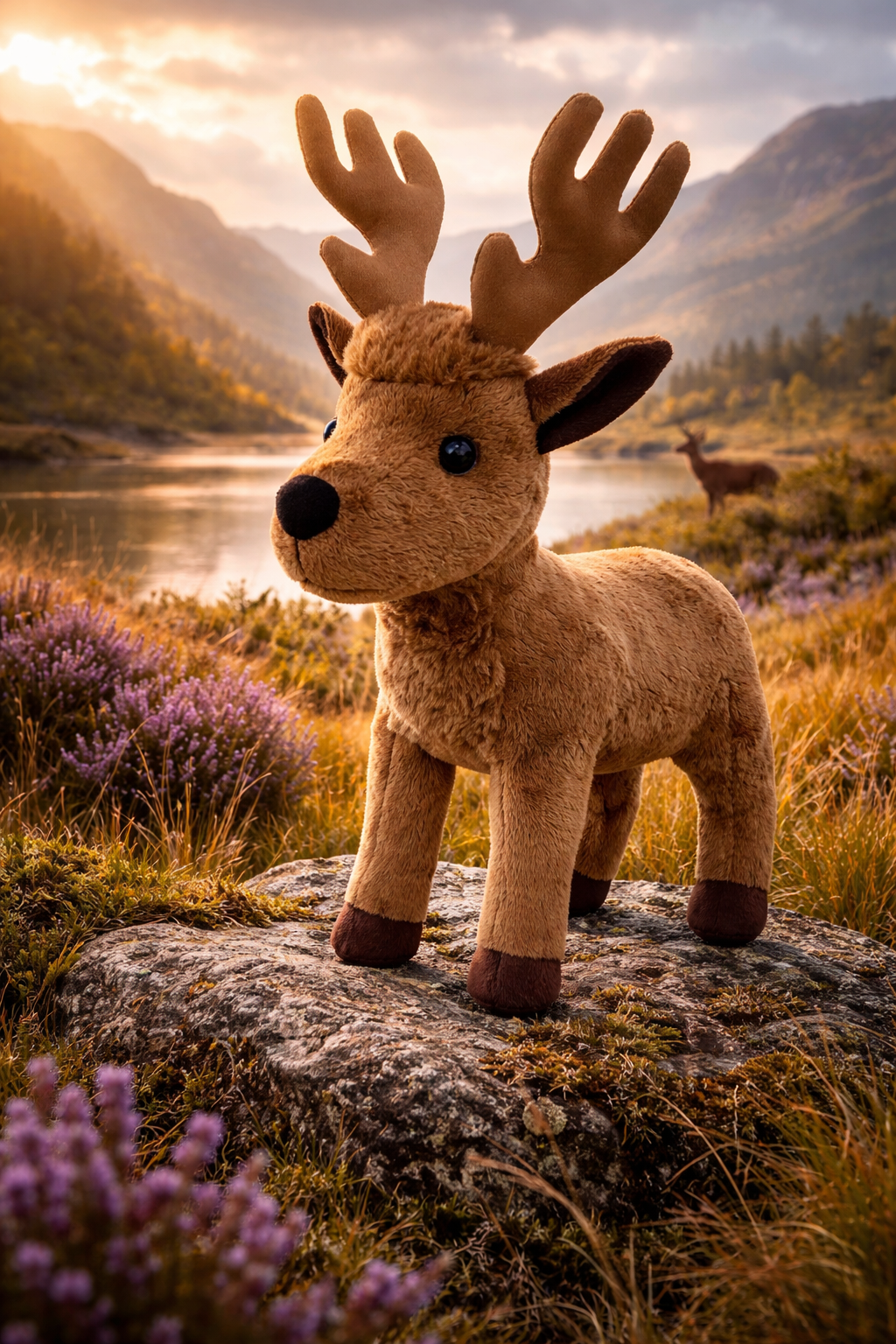 Plush stag soft toy on a rock with a scenic background of mountains and lake.