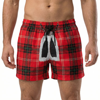 Model wearing tartan swim shorts