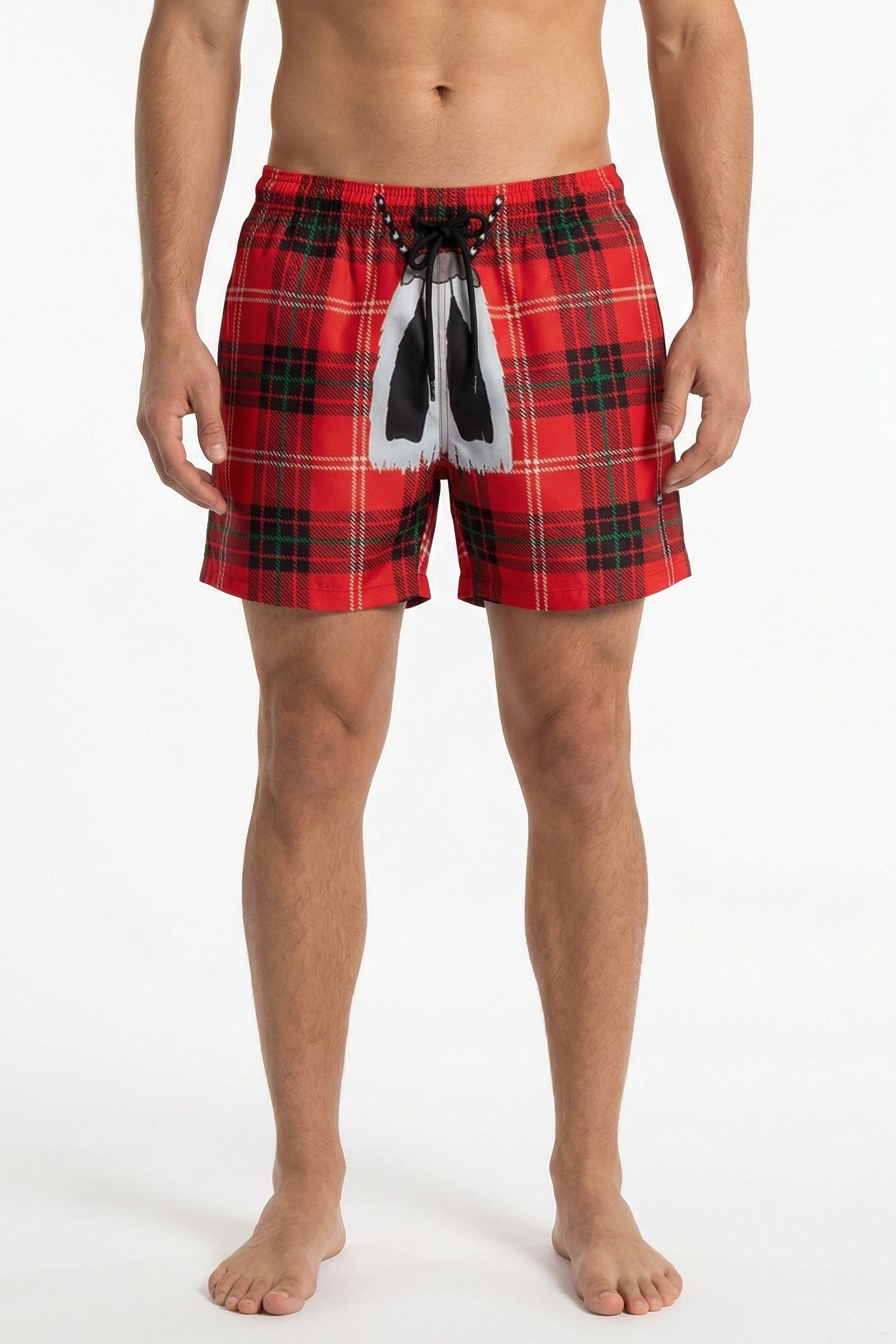 Model wearing tartan swim shorts
