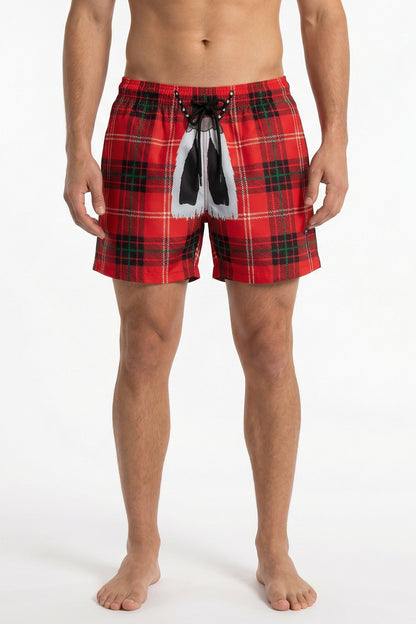 Model wearing tartan swim shorts