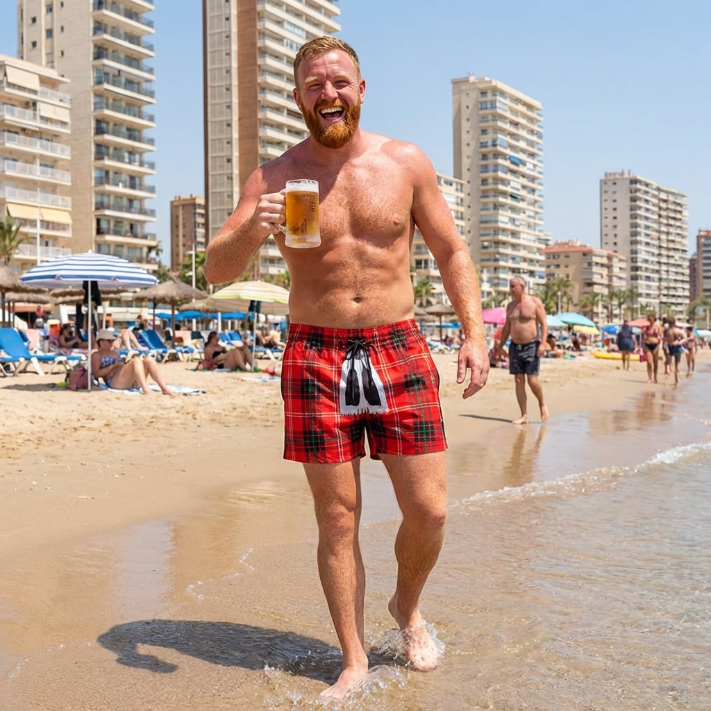 Scot on beach holding beer and wearing tartan swim shorts