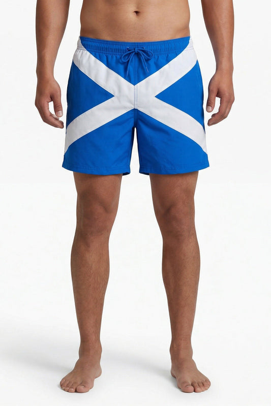 Blue and white swim shorts with Scottish flag design on a white background