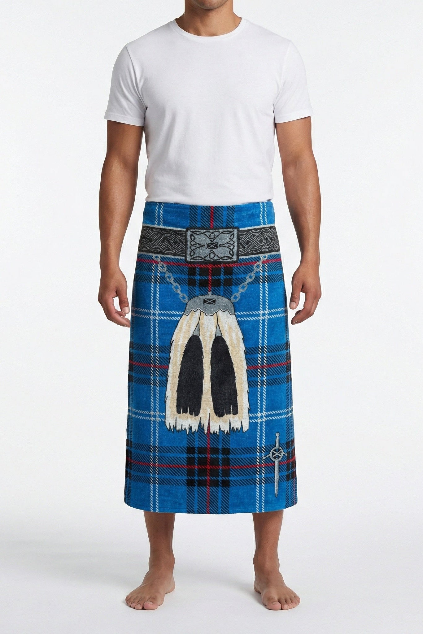 Person wearing blue kilt beach towel with traditional sporran, on a white background.