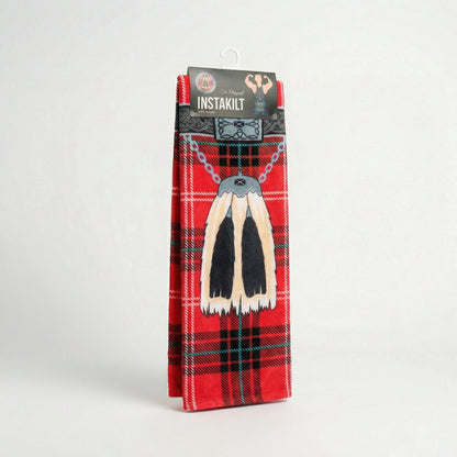 Red tartan kilt beach towel in packaging.