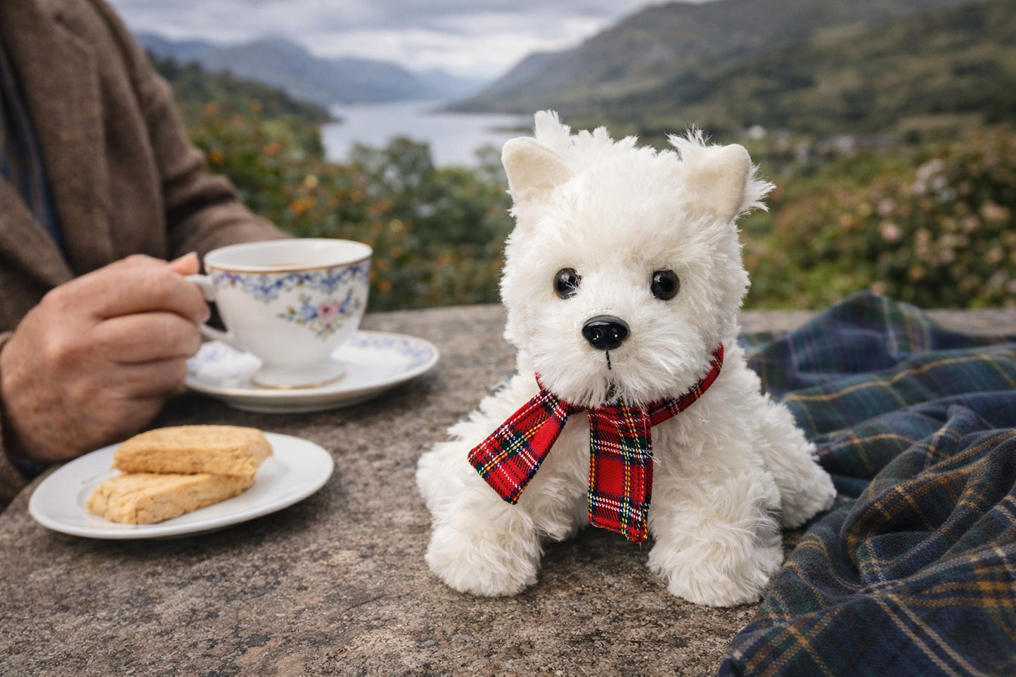 Westie dog soft toy with a tartan scarf sitting on a stone ledge with a scenic background.