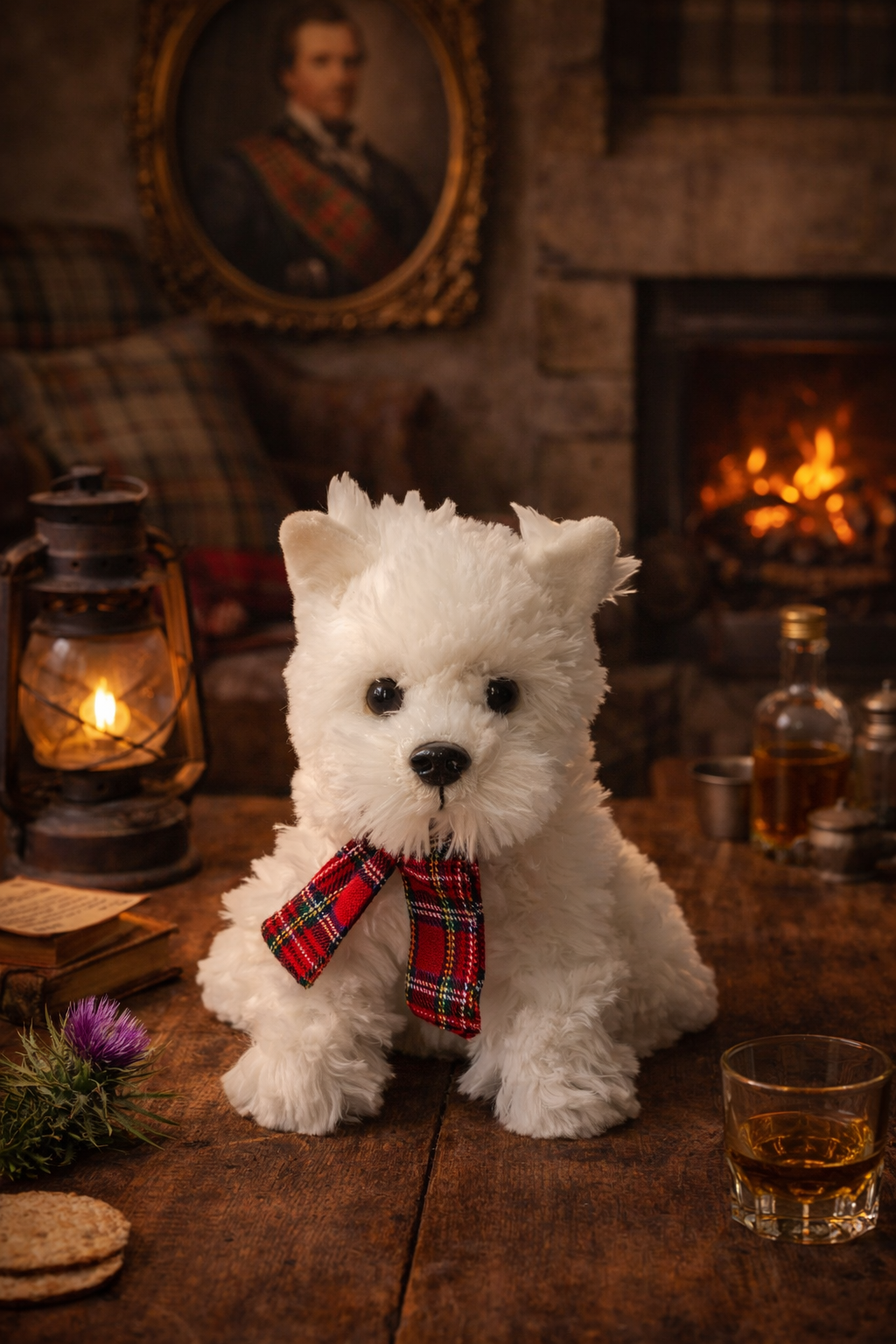 Westie dog with a tartan scarf on a wooden table with a fireplace and lantern in the background.