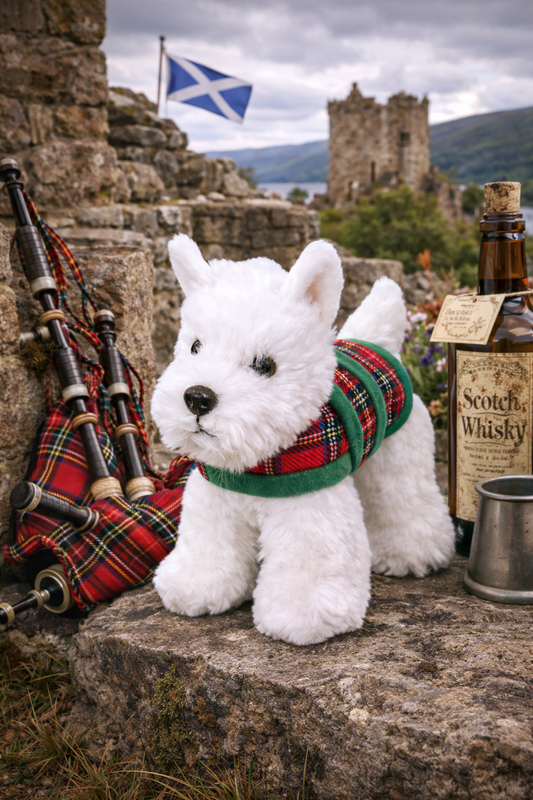 Westie dog soft toy in a tartan sweater with Scottish bagpipes, flag, and whisky bottle on stone ruins.