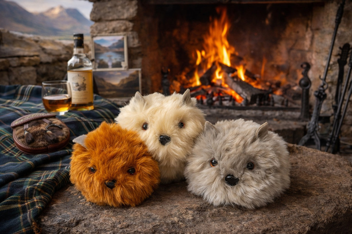 Three Hairy Haggis soft toys in front of a fireplace with a bottle of whiskey and a glass.