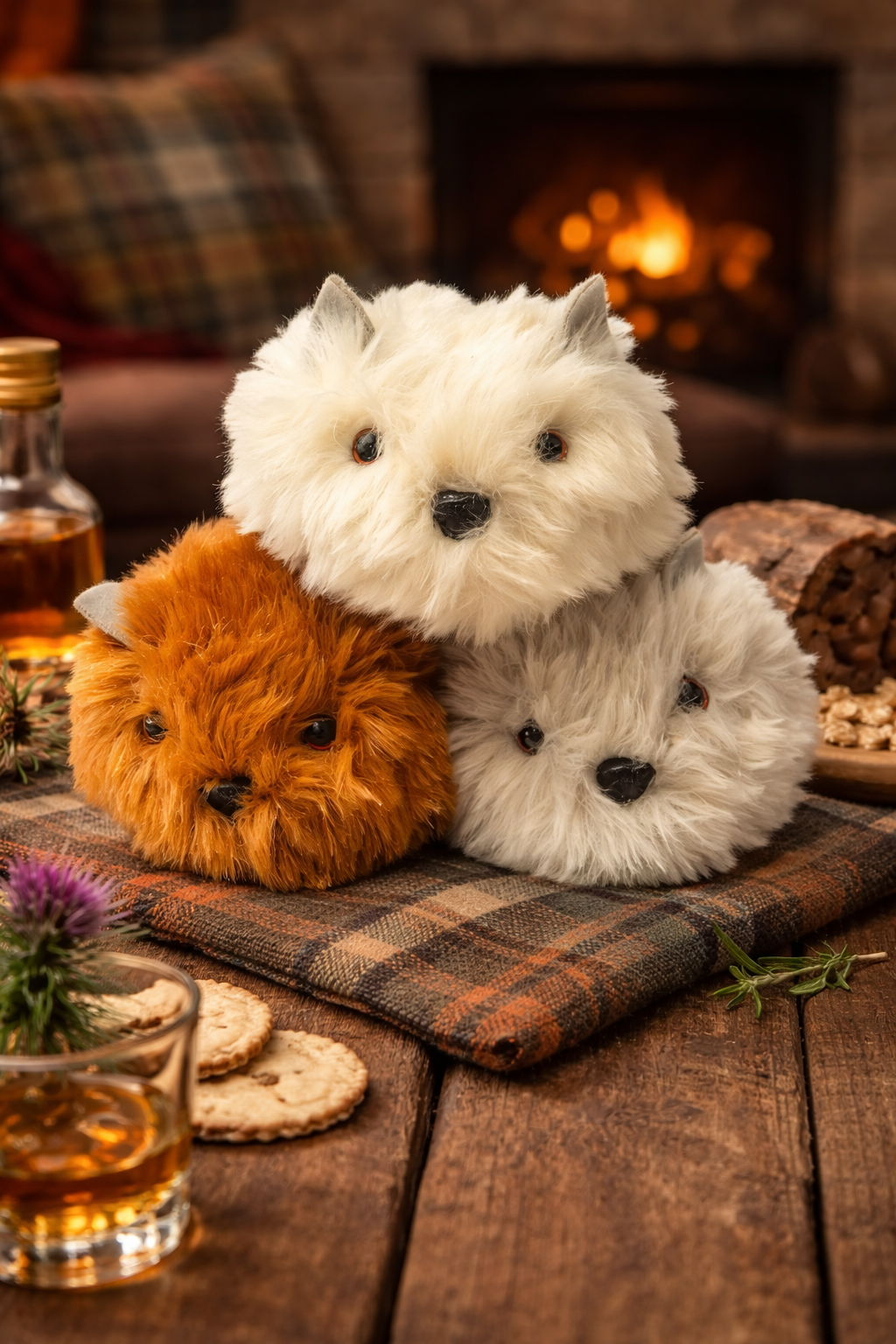 Three Hairy Haggis soft toys on a wooden table with a glass of whiskey and a fireplace in the background.