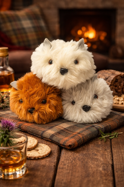 Three Hairy Haggis soft toys on a wooden table with a glass of whiskey and a fireplace in the background.