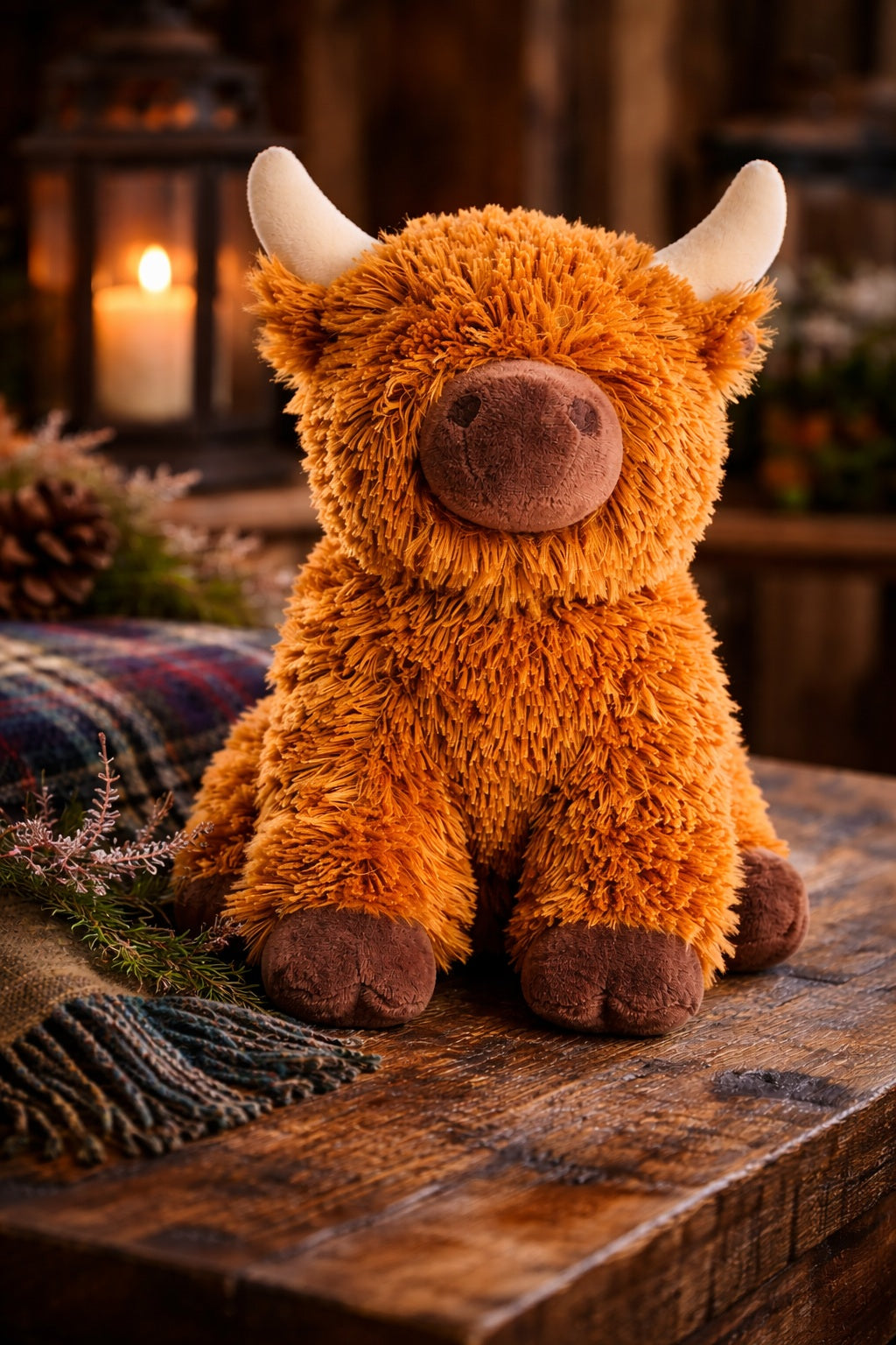 Plush toy cow on a wooden surface with a warm, cozy background