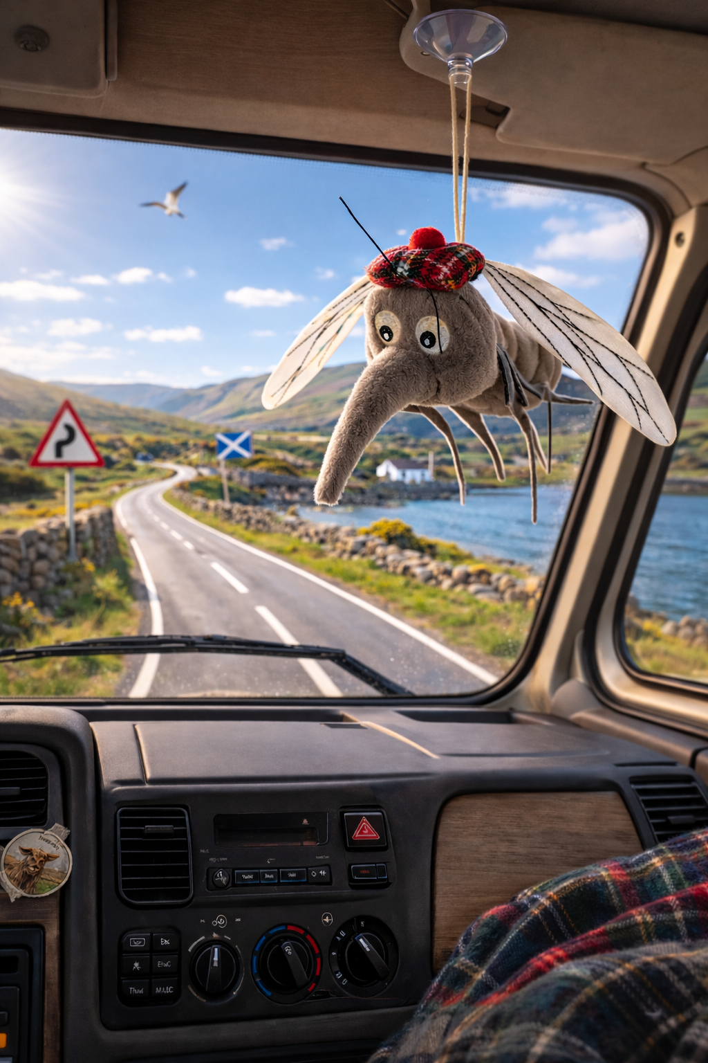 Car interior with a plush toy midgie hanging from the rearview mirror, looking out at a scenic road and lake.